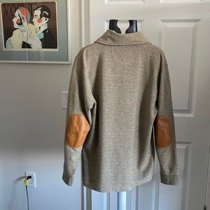 Orvis shawl neck cardigan sweater M cotton/poly leather trim elbow patch…